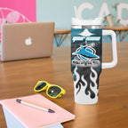 Personalized Cronulla-Sutherland Sharks Tumbler With Handle Y2K Grunge Aesthetic With Cyber Flames and Starburst Graphics