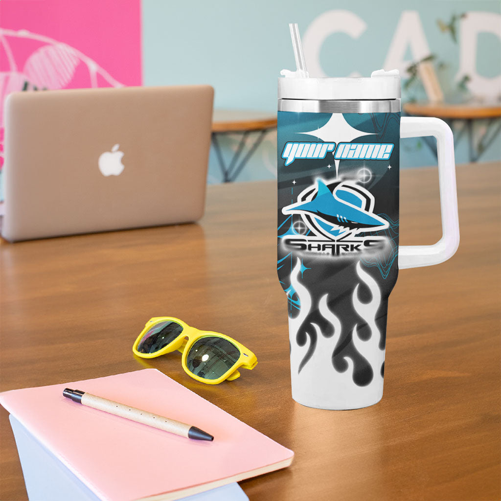 Personalized Cronulla-Sutherland Sharks Tumbler With Handle Y2K Grunge Aesthetic With Cyber Flames and Starburst Graphics