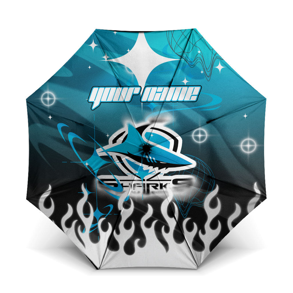 Personalized Cronulla-Sutherland Sharks Umbrella Y2K Grunge Aesthetic With Cyber Flames and Starburst Graphics