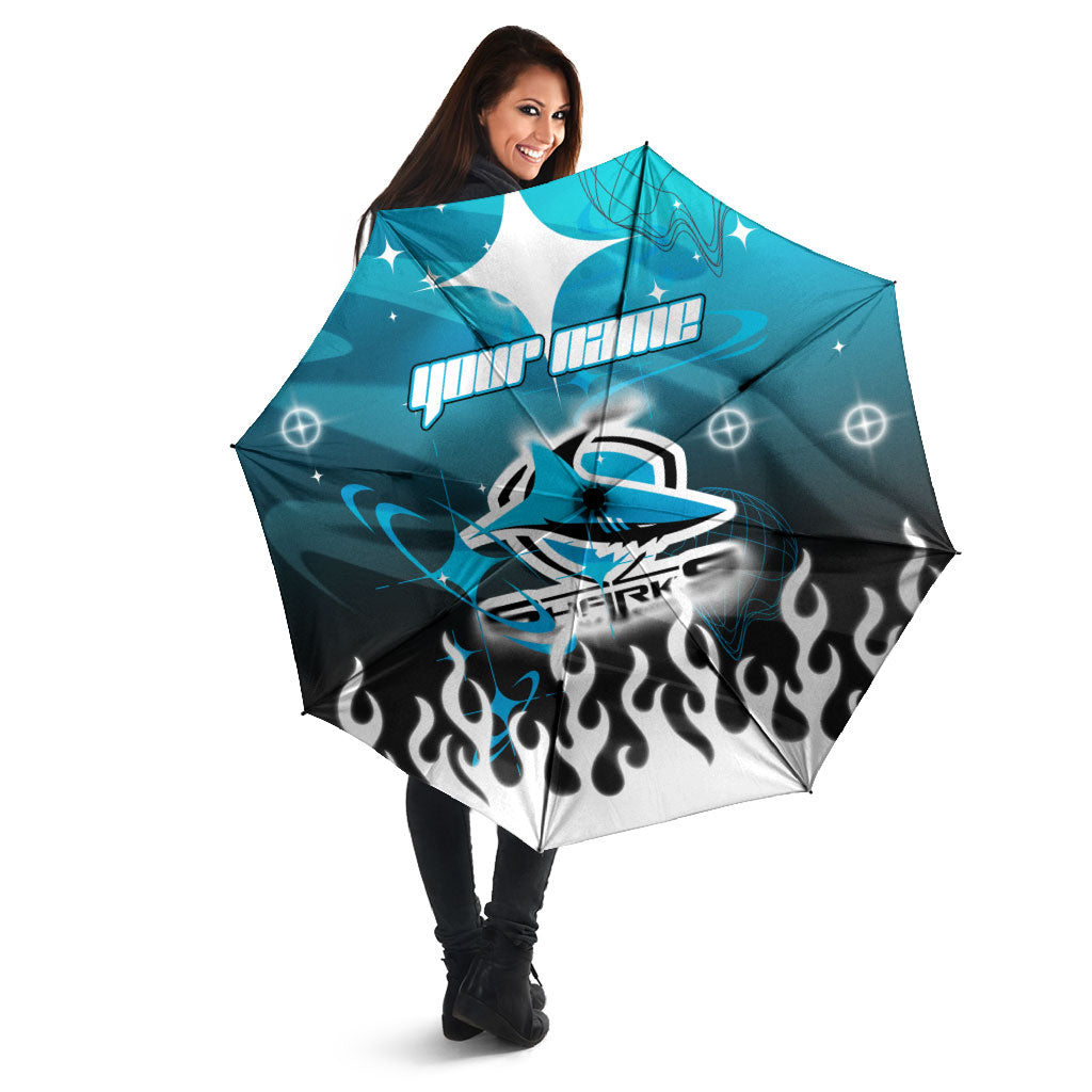 Personalized Cronulla-Sutherland Sharks Umbrella Y2K Grunge Aesthetic With Cyber Flames and Starburst Graphics