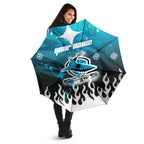 Personalized Cronulla-Sutherland Sharks Umbrella Y2K Grunge Aesthetic With Cyber Flames and Starburst Graphics