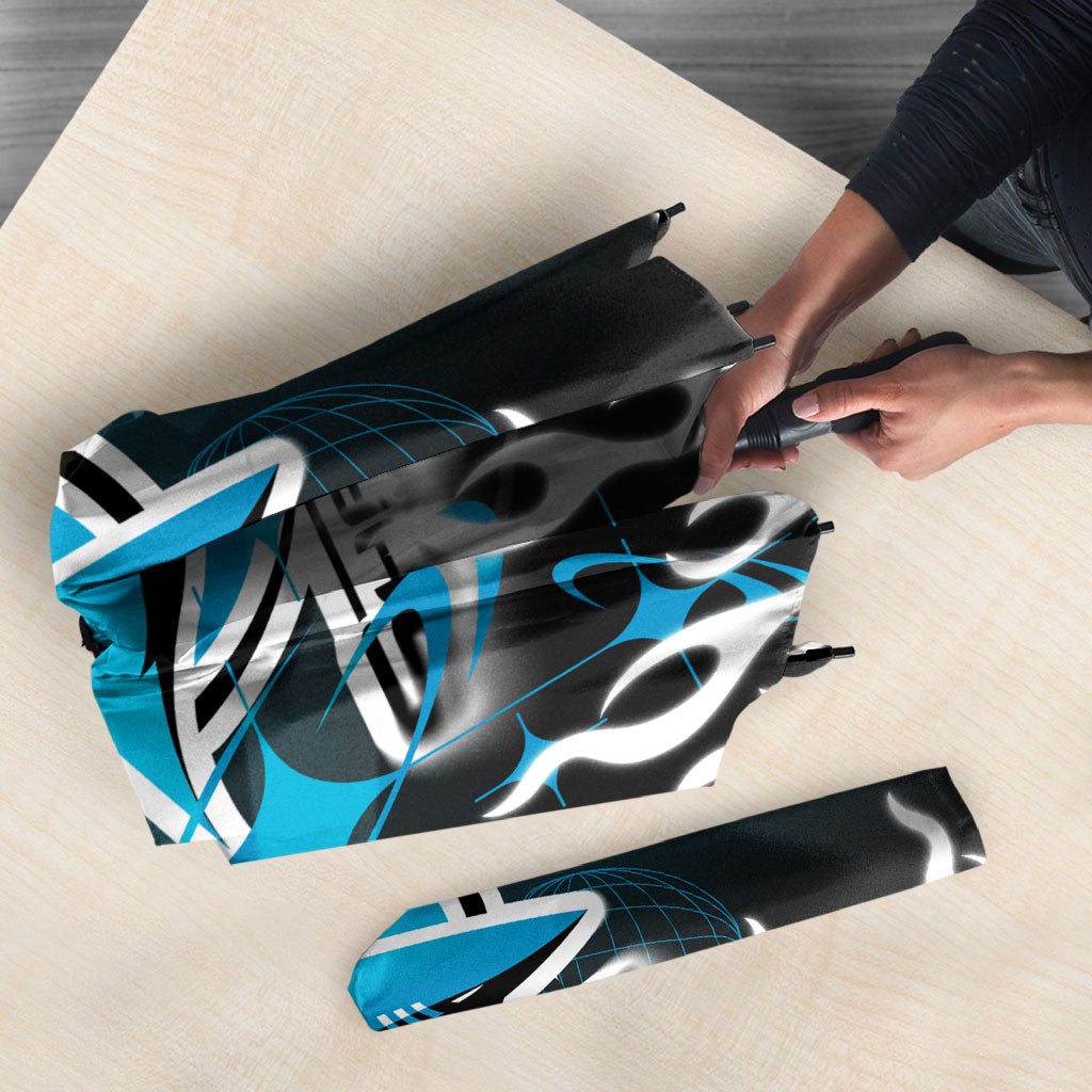 Personalized Cronulla-Sutherland Sharks Umbrella Y2K Grunge Aesthetic With Cyber Flames and Starburst Graphics