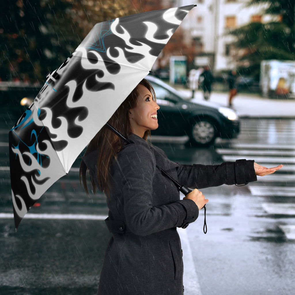 Personalized Cronulla-Sutherland Sharks Umbrella Y2K Grunge Aesthetic With Cyber Flames and Starburst Graphics