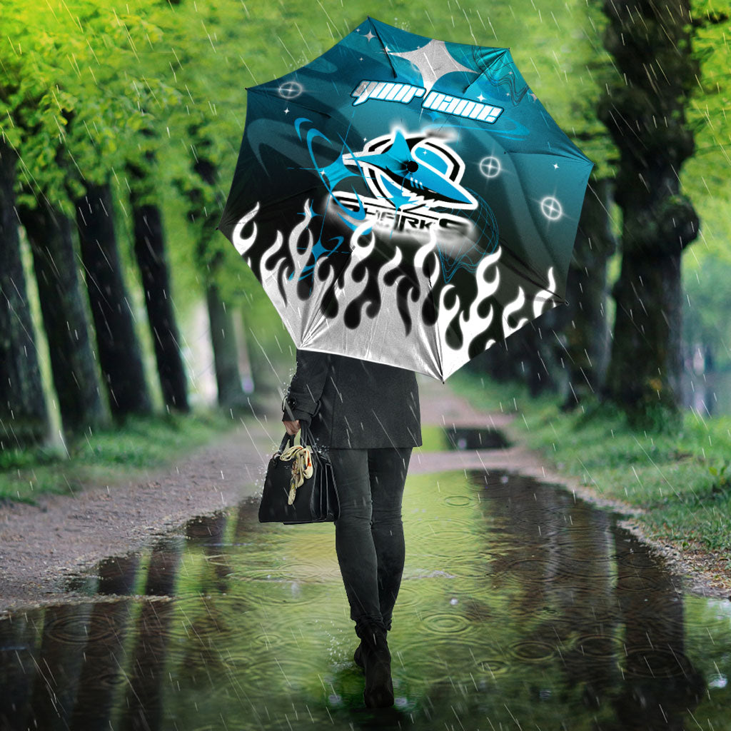 Personalized Cronulla-Sutherland Sharks Umbrella Y2K Grunge Aesthetic With Cyber Flames and Starburst Graphics