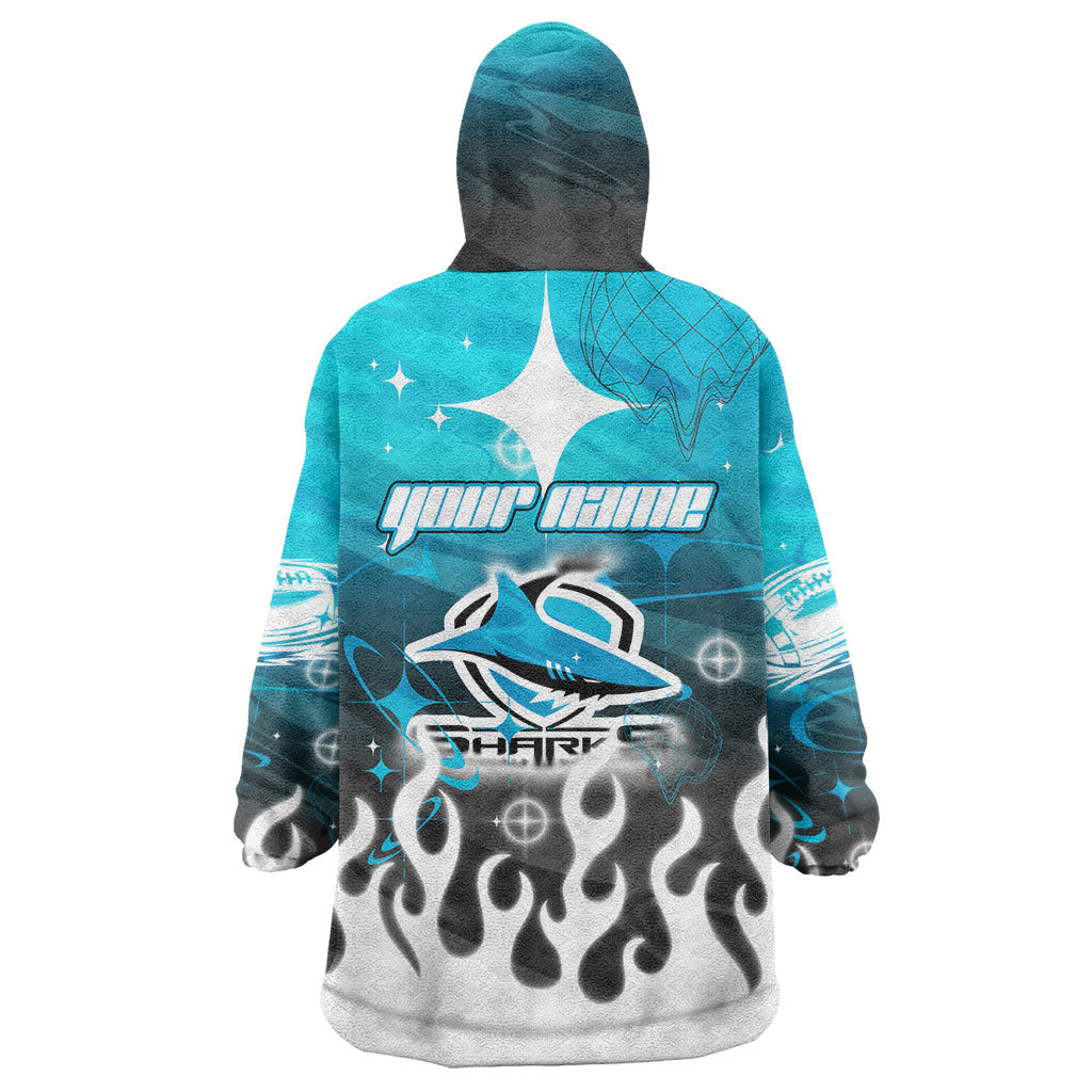 Personalized Cronulla-Sutherland Sharks Wearable Blanket Hoodie Y2K Grunge Aesthetic With Cyber Flames and Starburst Graphics