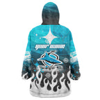 Personalized Cronulla-Sutherland Sharks Wearable Blanket Hoodie Y2K Grunge Aesthetic With Cyber Flames and Starburst Graphics