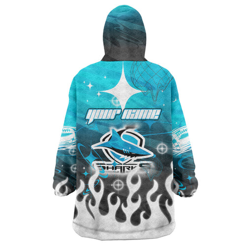 Personalized Cronulla-Sutherland Sharks Wearable Blanket Hoodie Y2K Grunge Aesthetic With Cyber Flames and Starburst Graphics