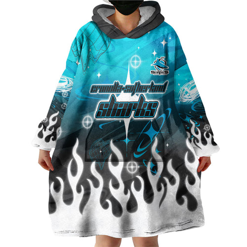 Personalized Cronulla-Sutherland Sharks Wearable Blanket Hoodie Y2K Grunge Aesthetic With Cyber Flames and Starburst Graphics