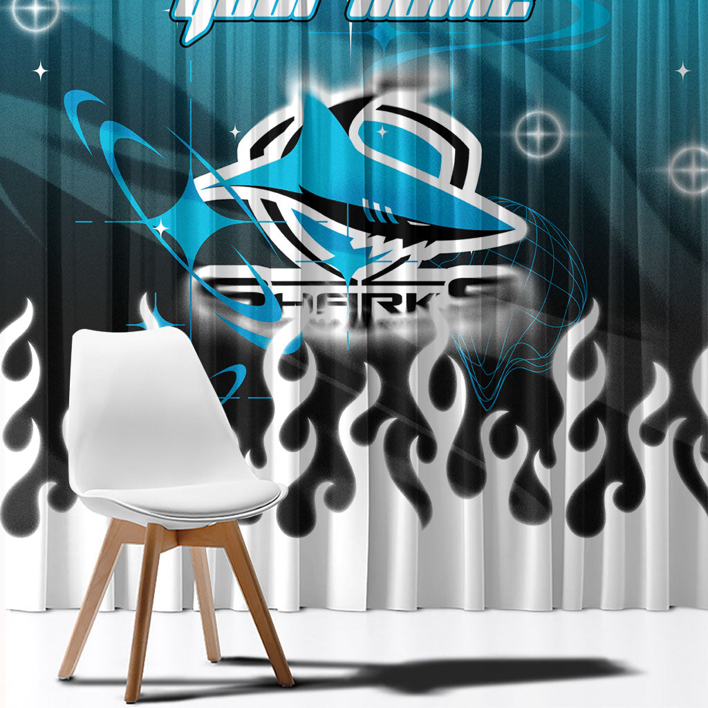 Personalized Cronulla-Sutherland Sharks Window Curtain Y2K Grunge Aesthetic With Cyber Flames and Starburst Graphics