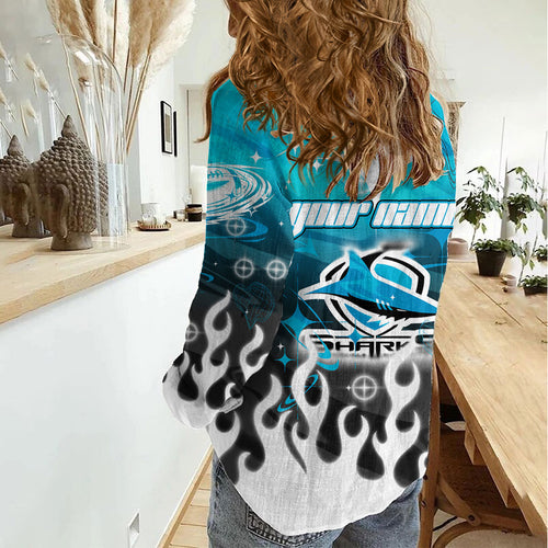Personalized Cronulla-Sutherland Sharks Women Casual Shirt Y2K Grunge Aesthetic With Cyber Flames and Starburst Graphics