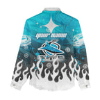 Personalized Cronulla-Sutherland Sharks Women Casual Shirt Y2K Grunge Aesthetic With Cyber Flames and Starburst Graphics