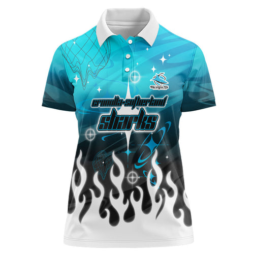 Personalized Cronulla-Sutherland Sharks Women Polo Shirt Y2K Grunge Aesthetic With Cyber Flames and Starburst Graphics
