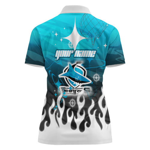 Personalized Cronulla-Sutherland Sharks Women Polo Shirt Y2K Grunge Aesthetic With Cyber Flames and Starburst Graphics