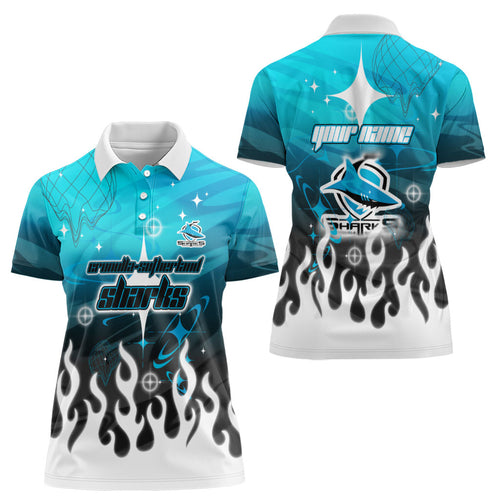 Personalized Cronulla-Sutherland Sharks Women Polo Shirt Y2K Grunge Aesthetic With Cyber Flames and Starburst Graphics