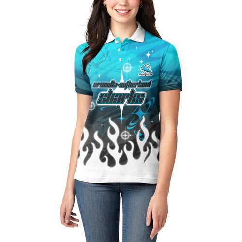 Personalized Cronulla-Sutherland Sharks Women Polo Shirt Y2K Grunge Aesthetic With Cyber Flames and Starburst Graphics