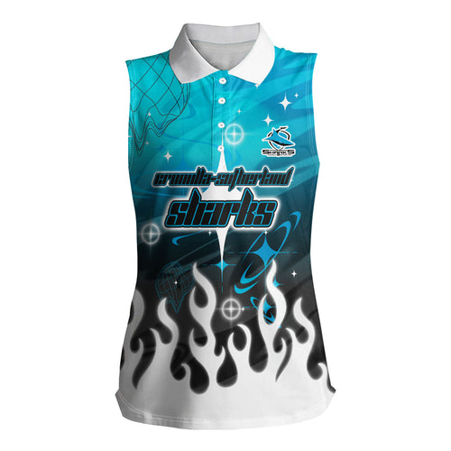 Personalized Cronulla-Sutherland Sharks Women Sleeveless Polo Shirt Y2K Grunge Aesthetic With Cyber Flames and Starburst Graphics