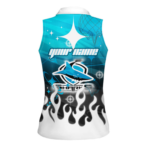 Personalized Cronulla-Sutherland Sharks Women Sleeveless Polo Shirt Y2K Grunge Aesthetic With Cyber Flames and Starburst Graphics