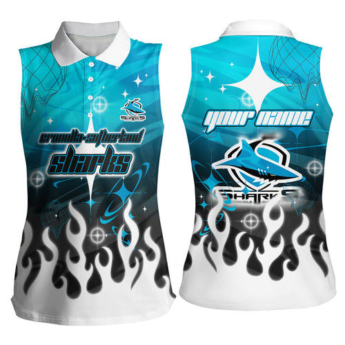 Personalized Cronulla-Sutherland Sharks Women Sleeveless Polo Shirt Y2K Grunge Aesthetic With Cyber Flames and Starburst Graphics