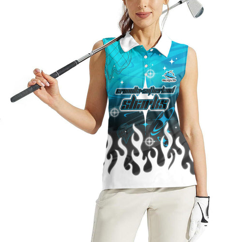 Personalized Cronulla-Sutherland Sharks Women Sleeveless Polo Shirt Y2K Grunge Aesthetic With Cyber Flames and Starburst Graphics