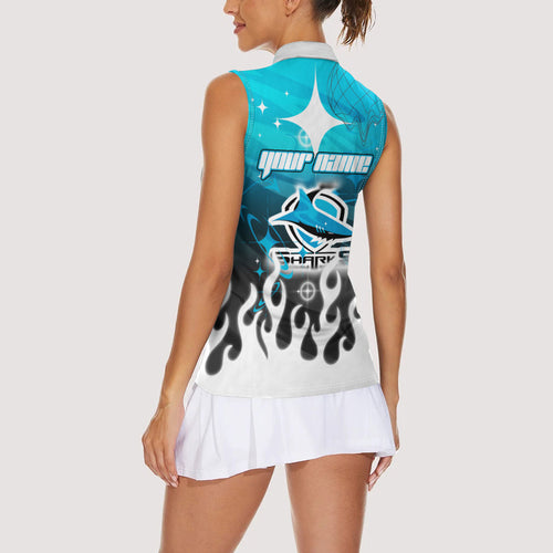 Personalized Cronulla-Sutherland Sharks Women Sleeveless Polo Shirt Y2K Grunge Aesthetic With Cyber Flames and Starburst Graphics