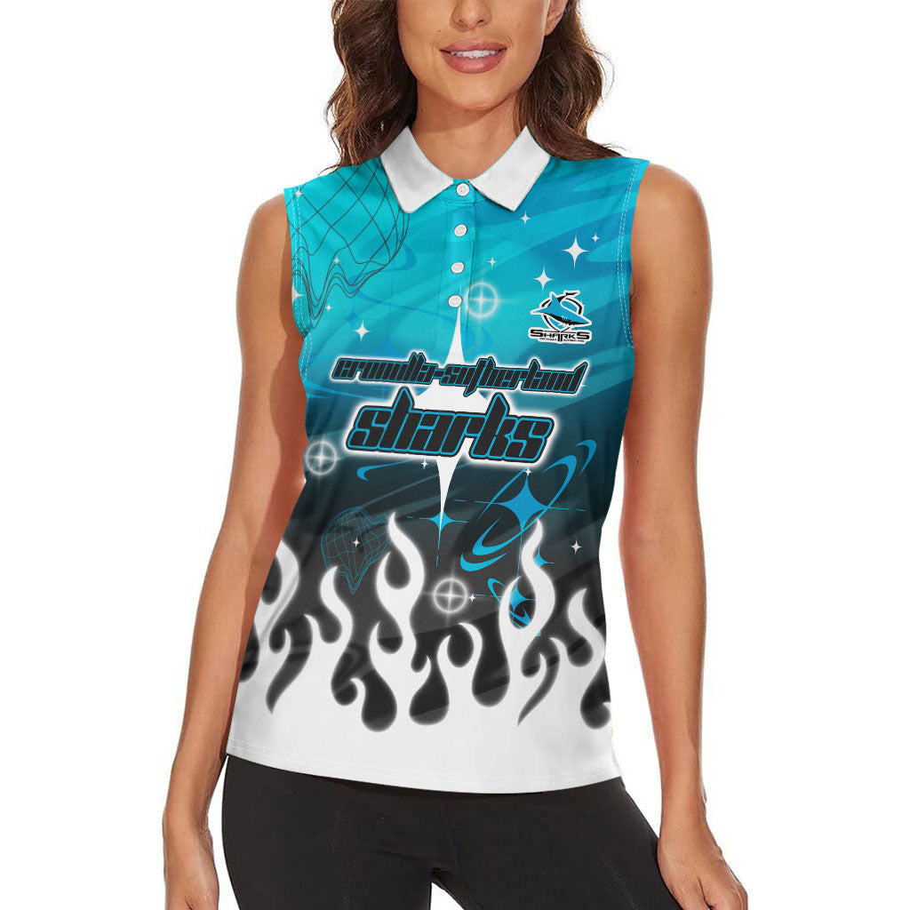 Personalized Cronulla-Sutherland Sharks Women Sleeveless Polo Shirt Y2K Grunge Aesthetic With Cyber Flames and Starburst Graphics