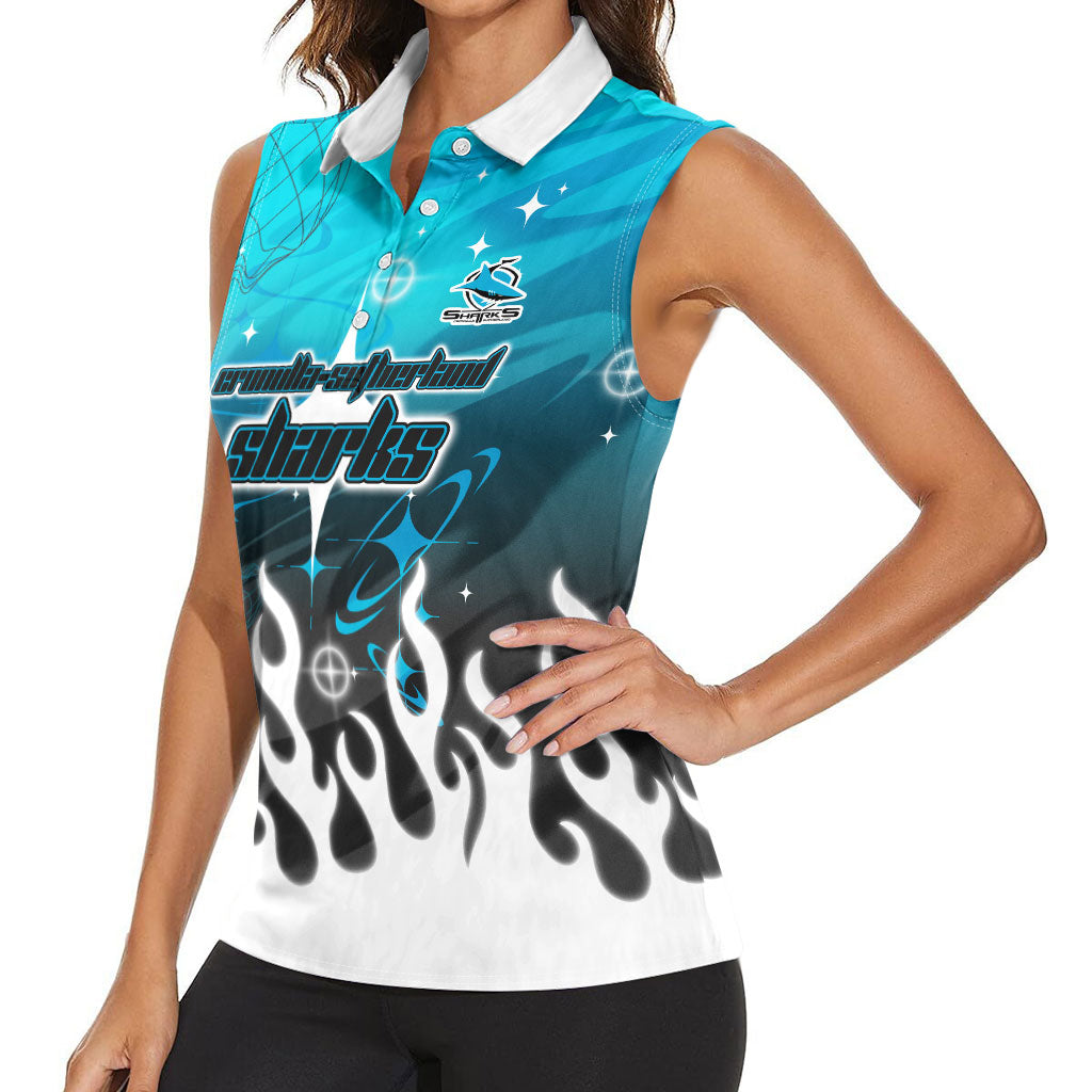 Personalized Cronulla-Sutherland Sharks Women Sleeveless Polo Shirt Y2K Grunge Aesthetic With Cyber Flames and Starburst Graphics
