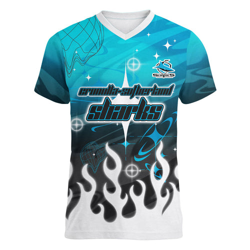 Personalized Cronulla-Sutherland Sharks Women V-Neck T-Shirt Y2K Grunge Aesthetic With Cyber Flames and Starburst Graphics