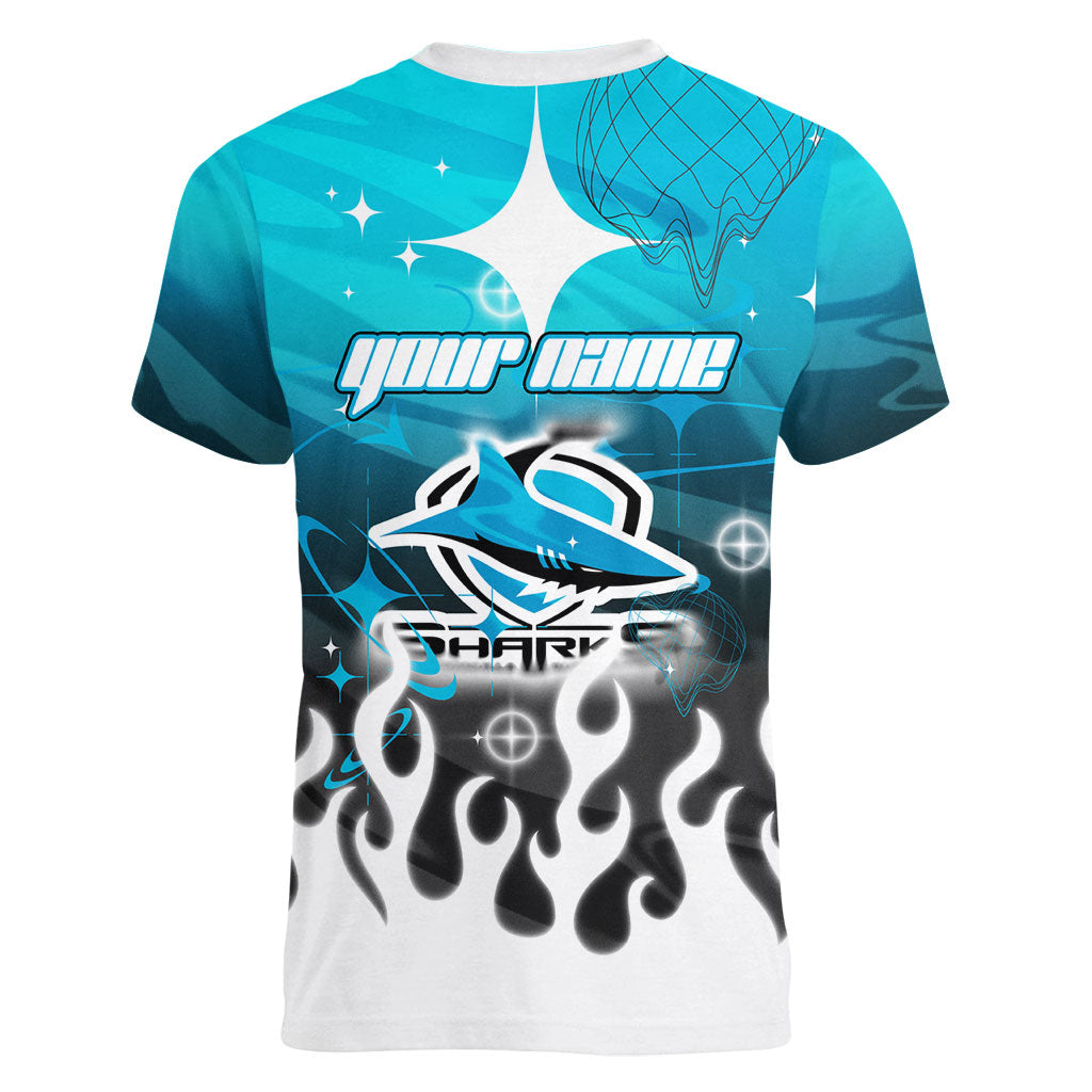 Personalized Cronulla-Sutherland Sharks Women V-Neck T-Shirt Y2K Grunge Aesthetic With Cyber Flames and Starburst Graphics