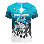 Personalized Cronulla-Sutherland Sharks Women V-Neck T-Shirt Y2K Grunge Aesthetic With Cyber Flames and Starburst Graphics