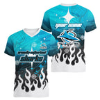 Personalized Cronulla-Sutherland Sharks Women V-Neck T-Shirt Y2K Grunge Aesthetic With Cyber Flames and Starburst Graphics
