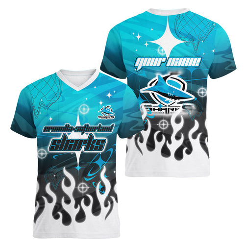 Personalized Cronulla-Sutherland Sharks Women V-Neck T-Shirt Y2K Grunge Aesthetic With Cyber Flames and Starburst Graphics