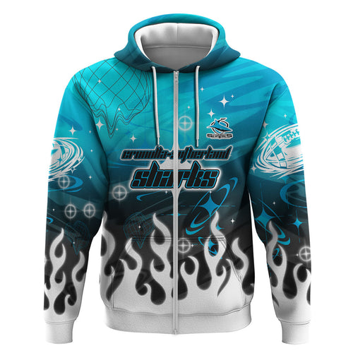 Personalized Cronulla-Sutherland Sharks Zip Hoodie Y2K Grunge Aesthetic With Cyber Flames and Starburst Graphics