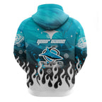 Personalized Cronulla-Sutherland Sharks Zip Hoodie Y2K Grunge Aesthetic With Cyber Flames and Starburst Graphics