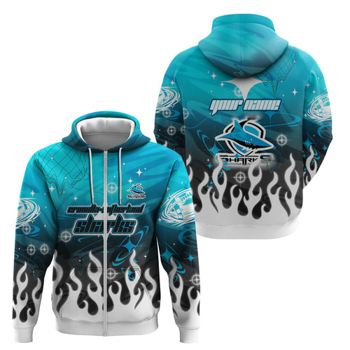 Personalized Cronulla-Sutherland Sharks Zip Hoodie Y2K Grunge Aesthetic With Cyber Flames and Starburst Graphics