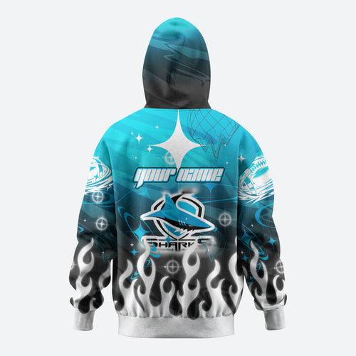 Personalized Cronulla-Sutherland Sharks Zip Hoodie Y2K Grunge Aesthetic With Cyber Flames and Starburst Graphics