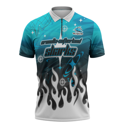 Personalized Cronulla-Sutherland Sharks Zipper Polo Shirt Y2K Grunge Aesthetic With Cyber Flames and Starburst Graphics