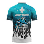 Personalized Cronulla-Sutherland Sharks Zipper Polo Shirt Y2K Grunge Aesthetic With Cyber Flames and Starburst Graphics
