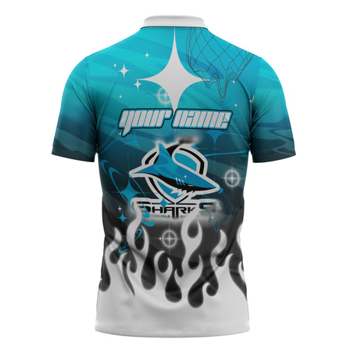 Personalized Cronulla-Sutherland Sharks Zipper Polo Shirt Y2K Grunge Aesthetic With Cyber Flames and Starburst Graphics