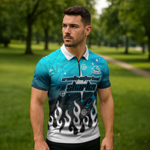 Personalized Cronulla-Sutherland Sharks Zipper Polo Shirt Y2K Grunge Aesthetic With Cyber Flames and Starburst Graphics