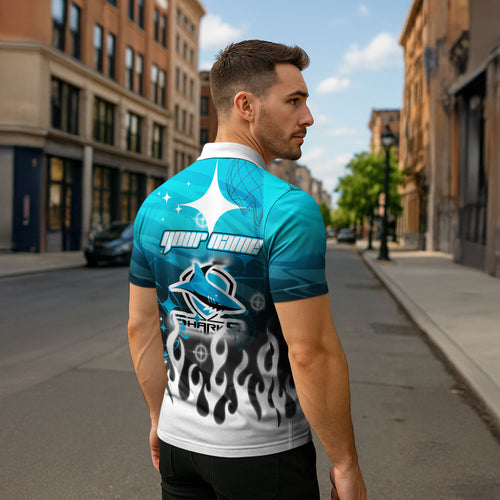Personalized Cronulla-Sutherland Sharks Zipper Polo Shirt Y2K Grunge Aesthetic With Cyber Flames and Starburst Graphics