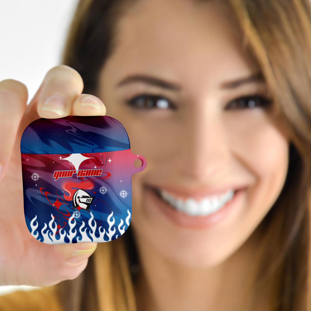 Personalized Newcastle Knights AirPods Case Y2K Grunge Aesthetic With Cyber Flames and Starburst Graphics