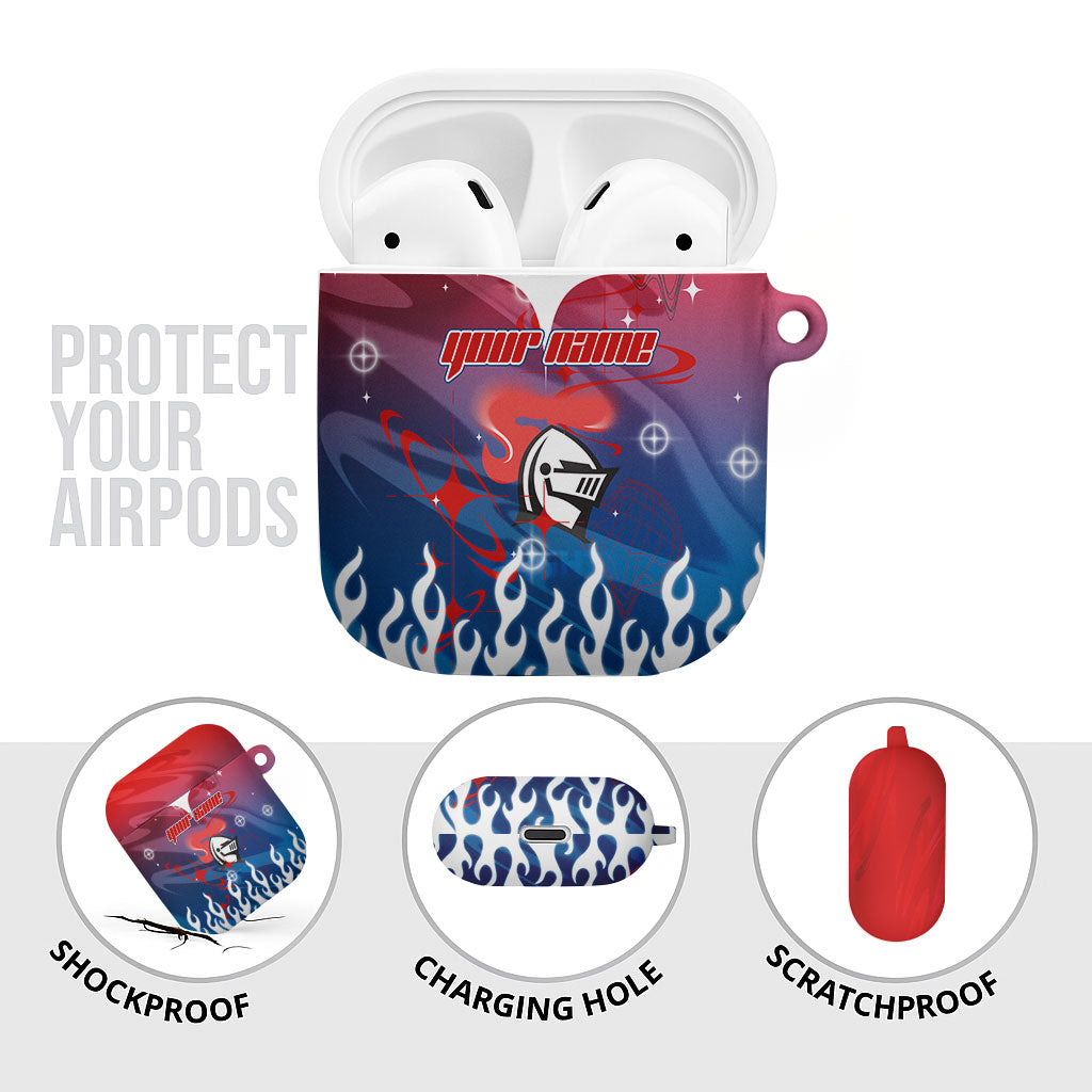 Personalized Newcastle Knights AirPods Case Y2K Grunge Aesthetic With Cyber Flames and Starburst Graphics