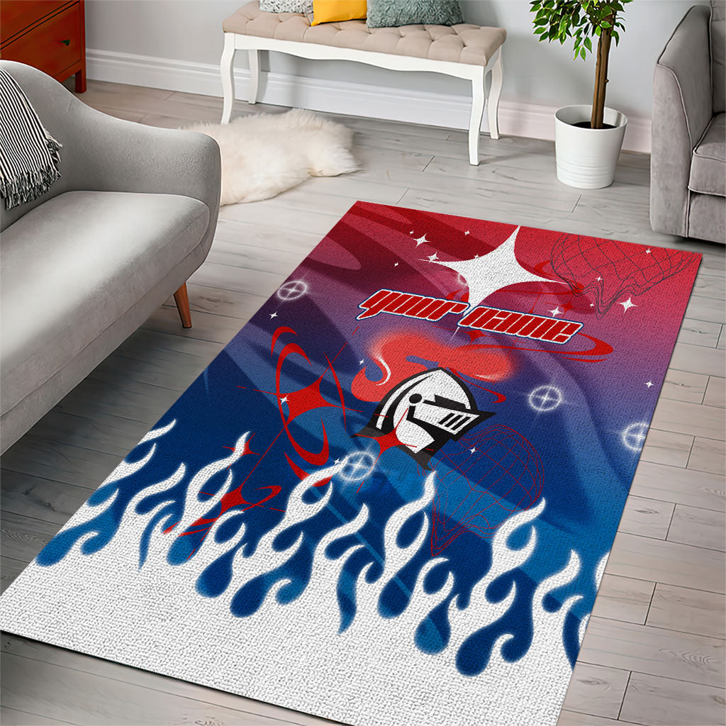 Personalized Newcastle Knights Area Rug Y2K Grunge Aesthetic With Cyber Flames and Starburst Graphics