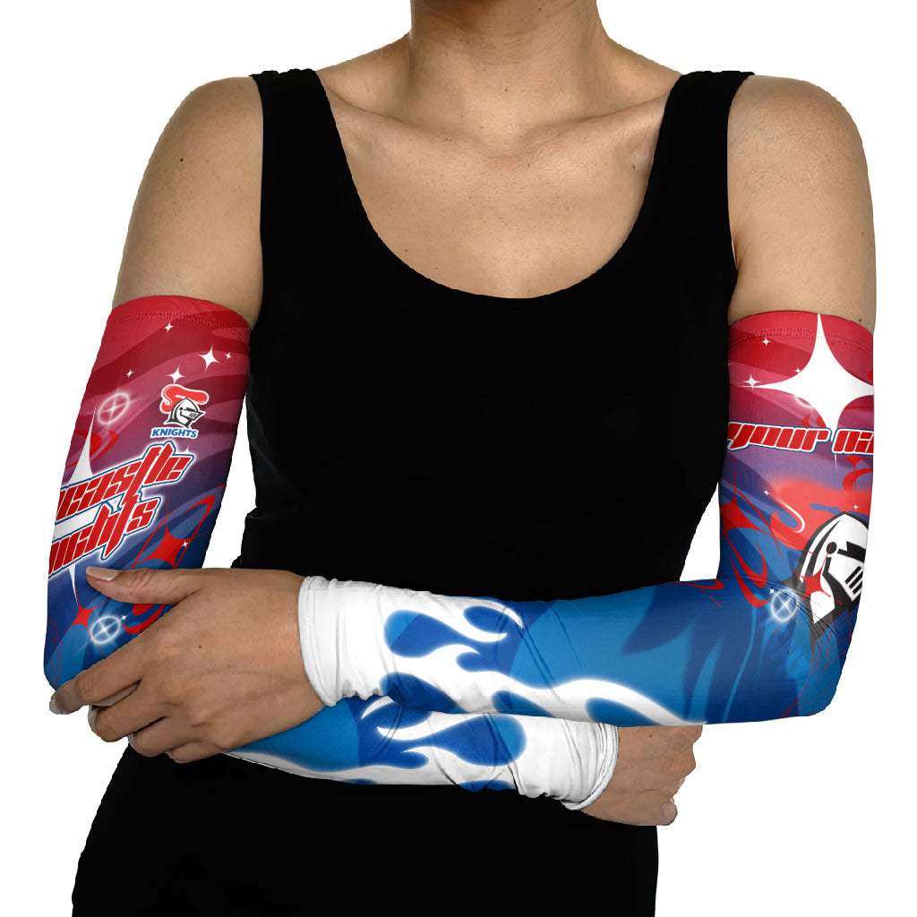 Personalized Newcastle Knights Arm Sleeves Y2K Grunge Aesthetic With Cyber Flames and Starburst Graphics