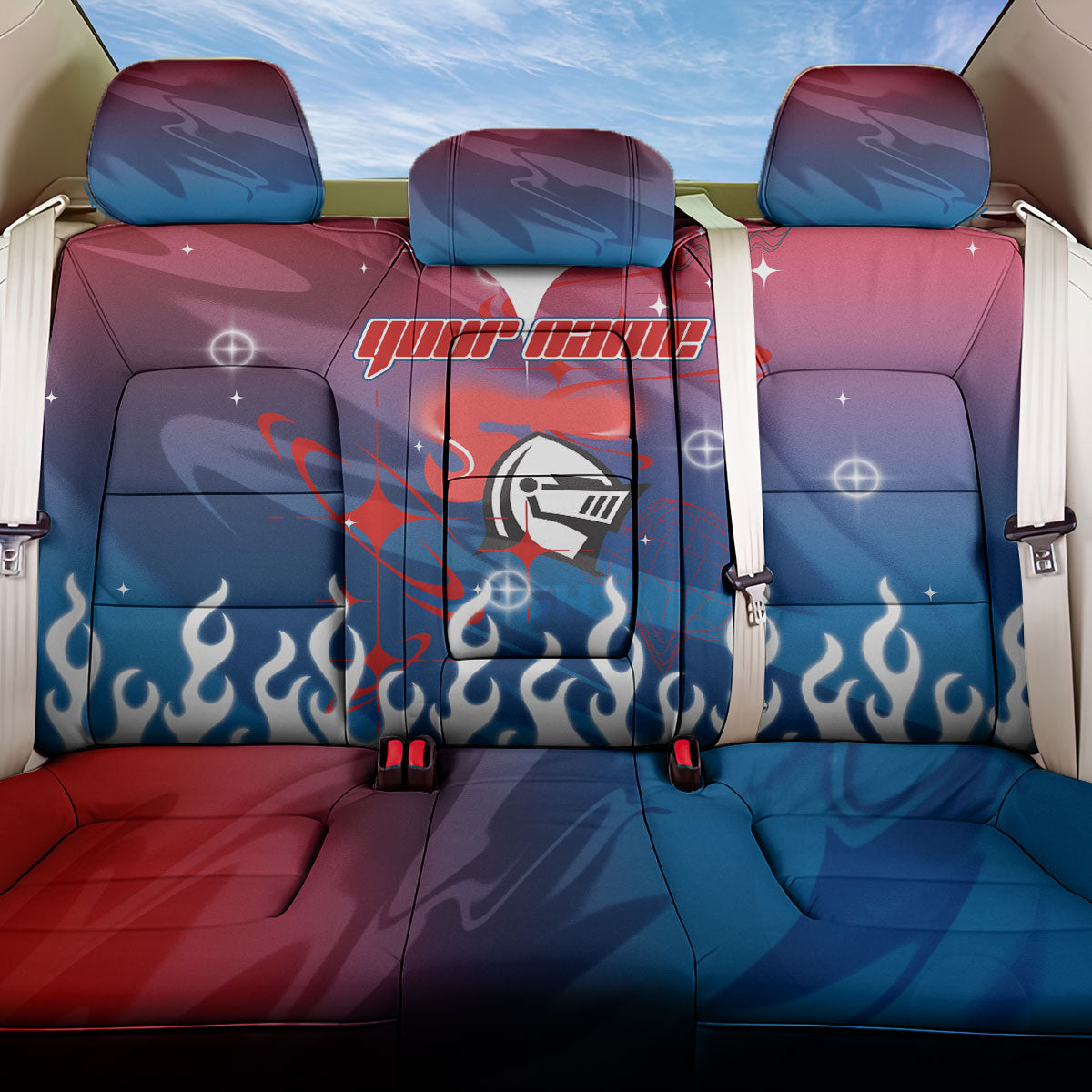 Personalized Newcastle Knights Back Car Seat Cover Y2K Grunge Aesthetic With Cyber Flames and Starburst Graphics