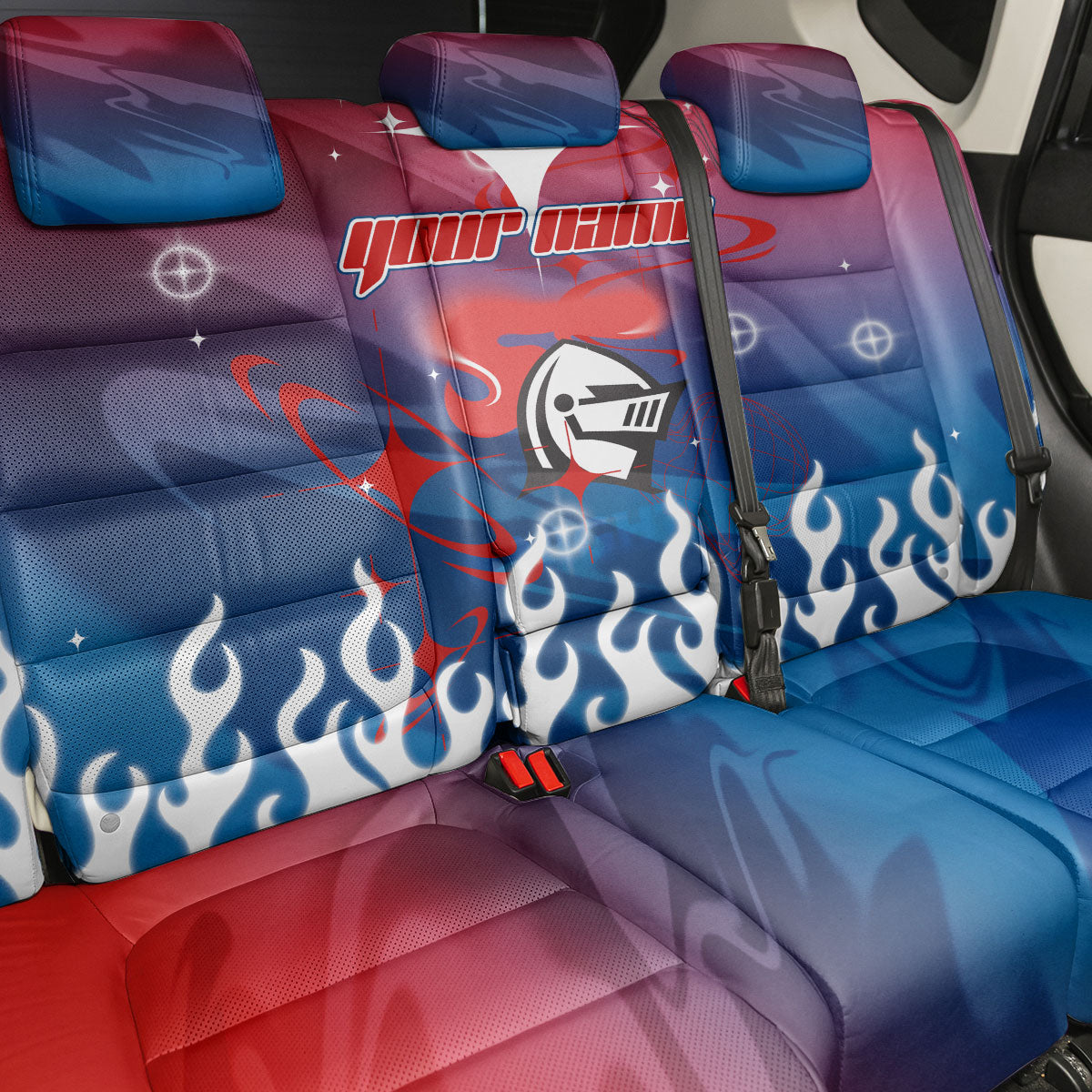 Personalized Newcastle Knights Back Car Seat Cover Y2K Grunge Aesthetic With Cyber Flames and Starburst Graphics