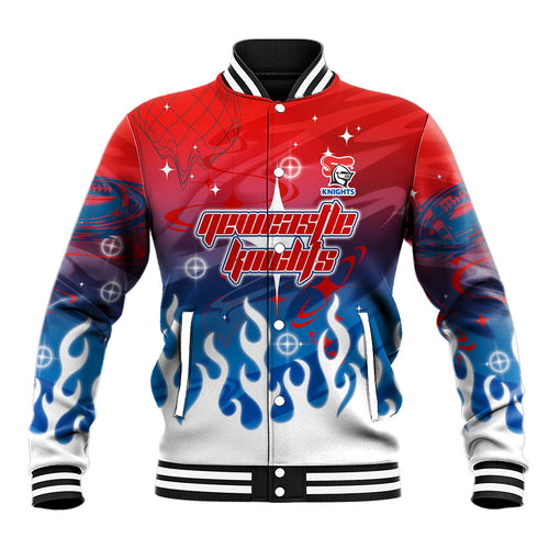 Personalized Newcastle Knights Baseball Jacket Y2K Grunge Aesthetic With Cyber Flames and Starburst Graphics