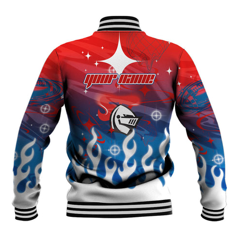 Personalized Newcastle Knights Baseball Jacket Y2K Grunge Aesthetic With Cyber Flames and Starburst Graphics