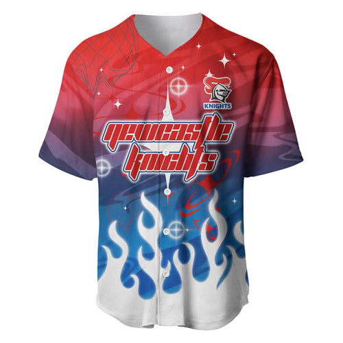 Personalized Newcastle Knights Baseball Jersey Y2K Grunge Aesthetic With Cyber Flames and Starburst Graphics