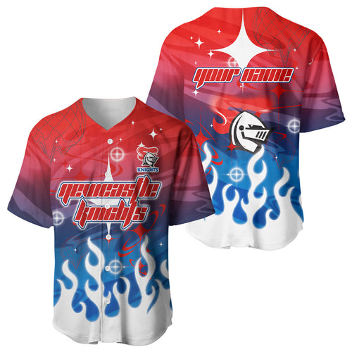 Personalized Newcastle Knights Baseball Jersey Y2K Grunge Aesthetic With Cyber Flames and Starburst Graphics